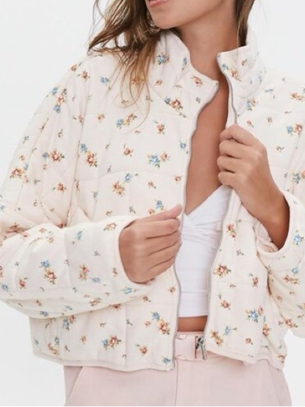 Forever 21 Floral Quilted Crop Jacket - Cream with Blue & Peach Accents